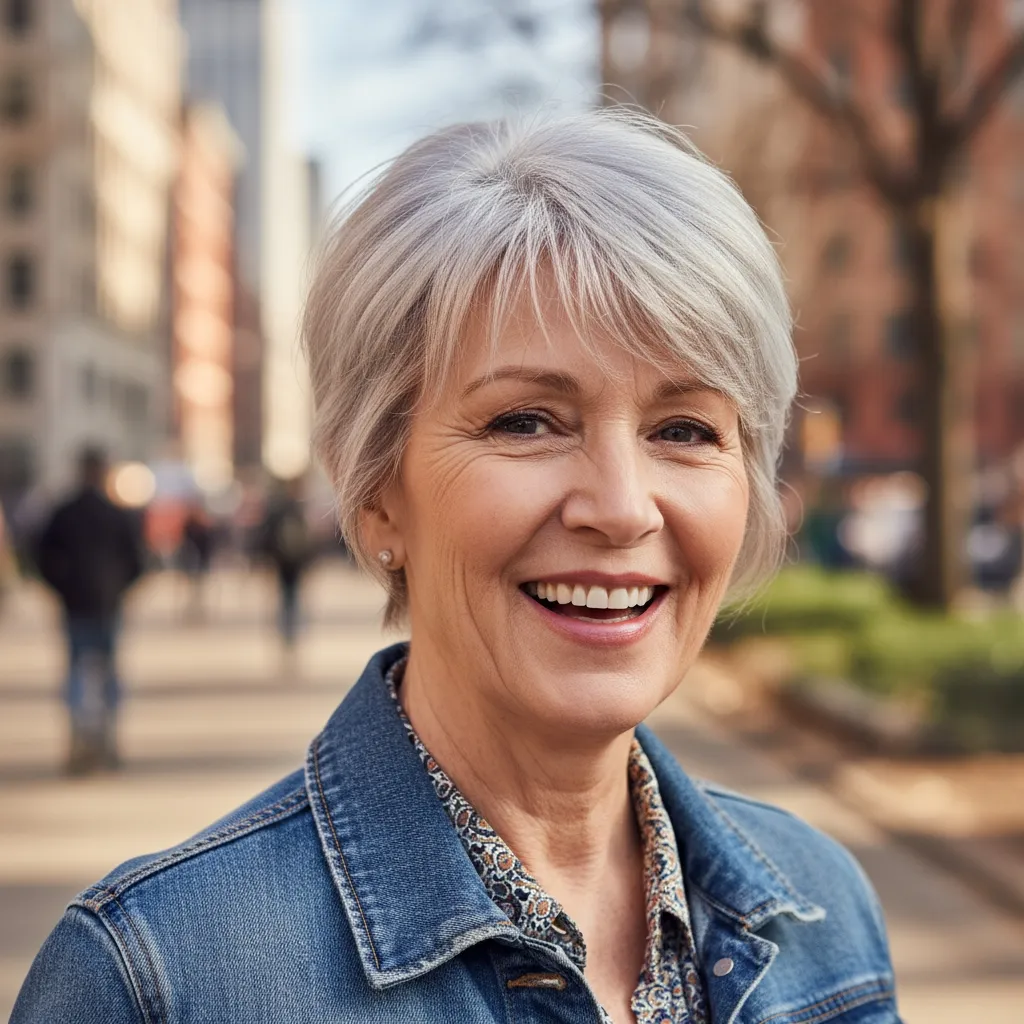 Coupe courte à plumes femme 60 ans, cheveux gris clairs volumineux et coiffure naturelle au style moderne.
