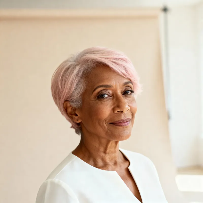Coupe courte rose sable femme 60 ans, look moderne et minimaliste dans une lumière douce.