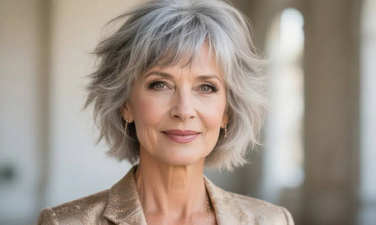 Belle femme de 60 ans avec coupe shag dégradée cheveux gris fins et frange légère pour un effet volume moderne et naturel.