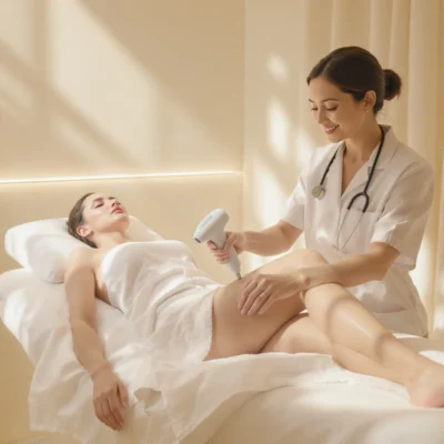 Femme en clinique esthétique recevant un soin d’épilation définitive au laser dans un cadre médical moderne et sécurisé