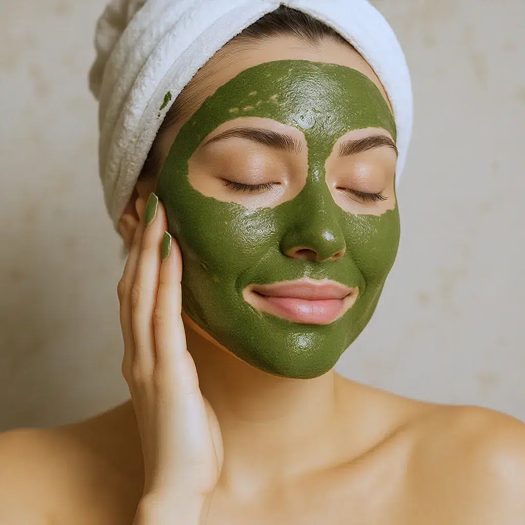 Femme appliquant un masque maison à l’argile verte pour peau grasse, texture douce et effet matifiant naturel