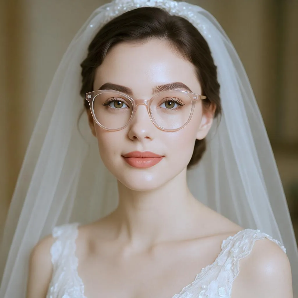 Mariée au maquillage champagne léger et lunettes nacrées, regard lumineux et naturel.