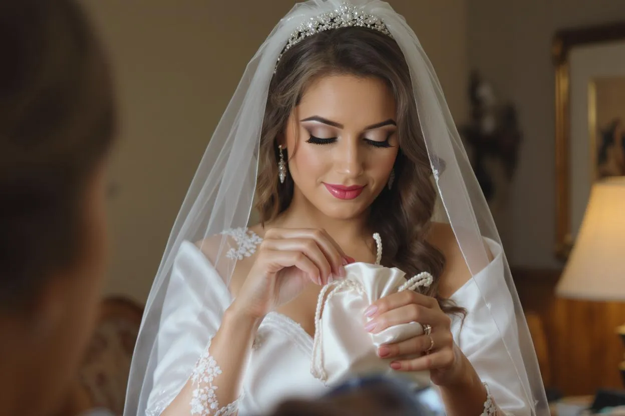 Mariée glissant délicatement ses lunettes dans une pochette satinée, expression apaisée et confiante.