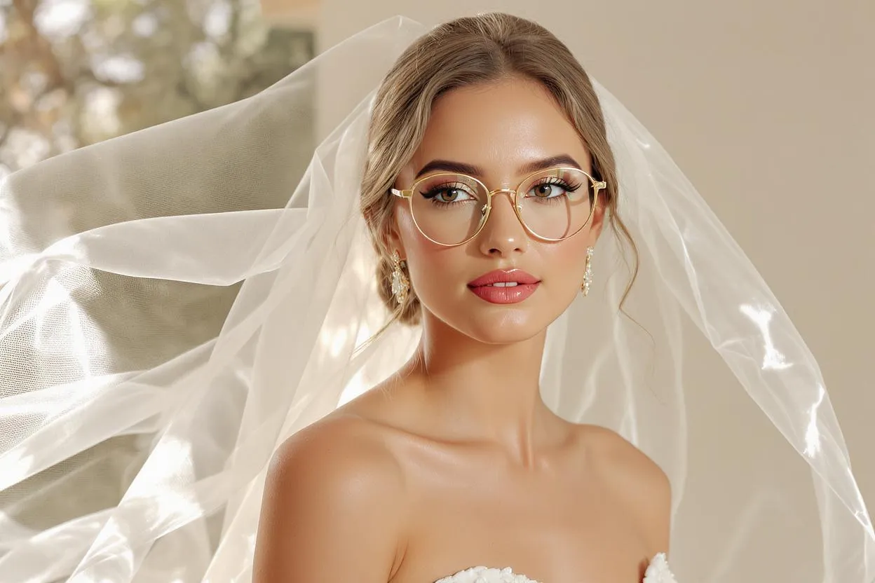 Mariée portant des lunettes transparentes posant dehors sous une lumière dorée sans reflets, sourire naturel.