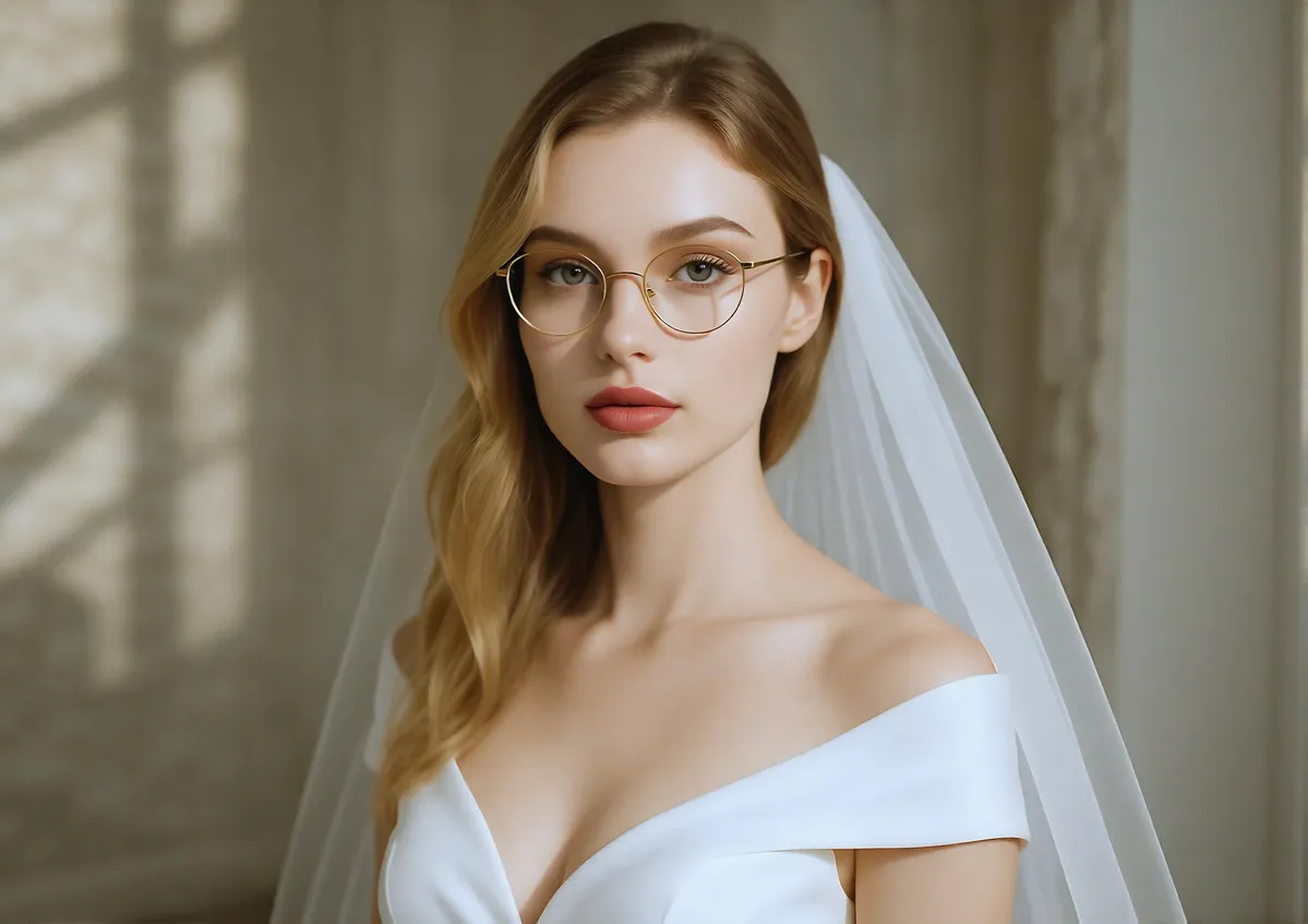 lunettes-mariée (5) Mariée élégante portant des lunettes dorées fines assorties à sa robe fluide, ambiance naturelle et lumineuse.