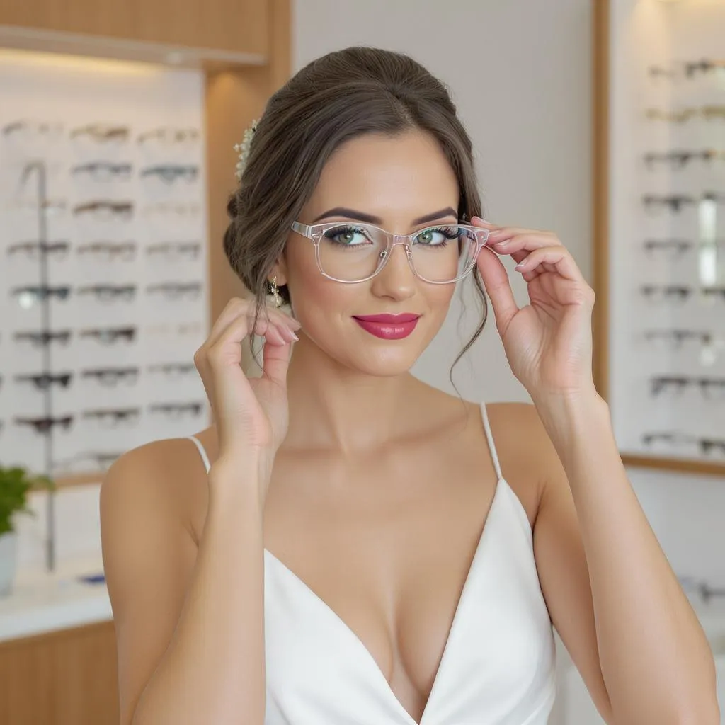 Future mariée essayant une monture transparente chez un opticien, expression confiante et naturelle.