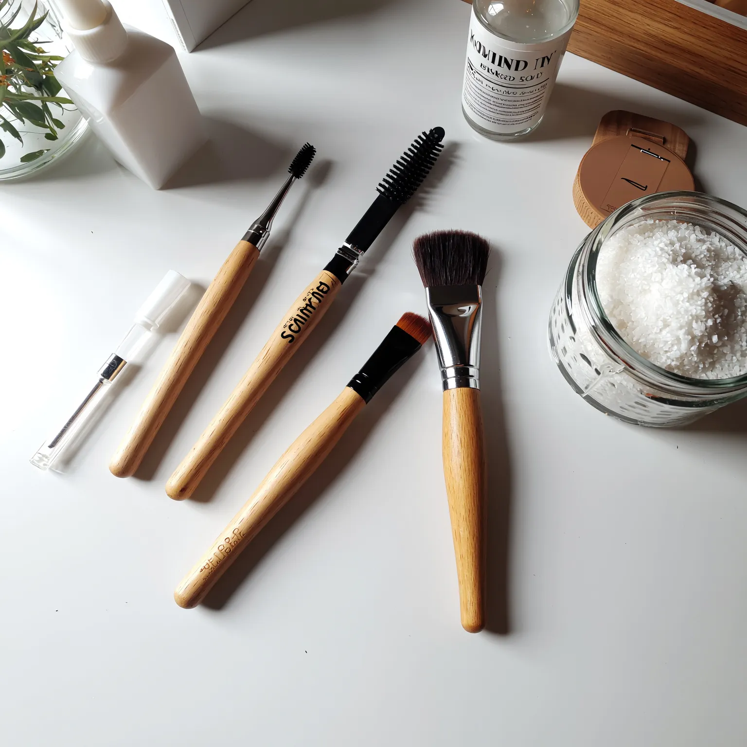 Ensemble d’outils de maquillage pour sourcils : crayon, pince, brosse et gel fixateur sur une table claire et élégante.