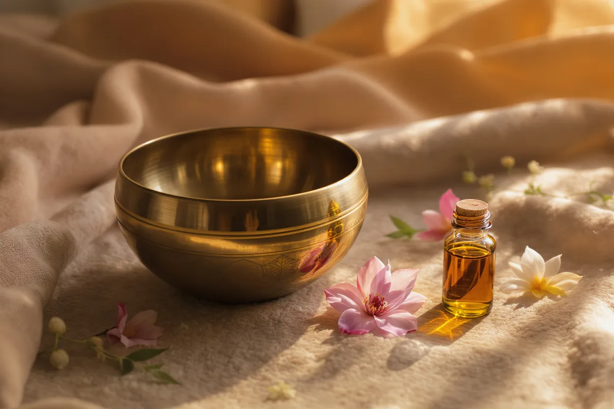 Bol chantant tibétain, fleur de vie et huile essentielle disposés sobrement pour soutenir l’attention pendant la méditation spirituelle