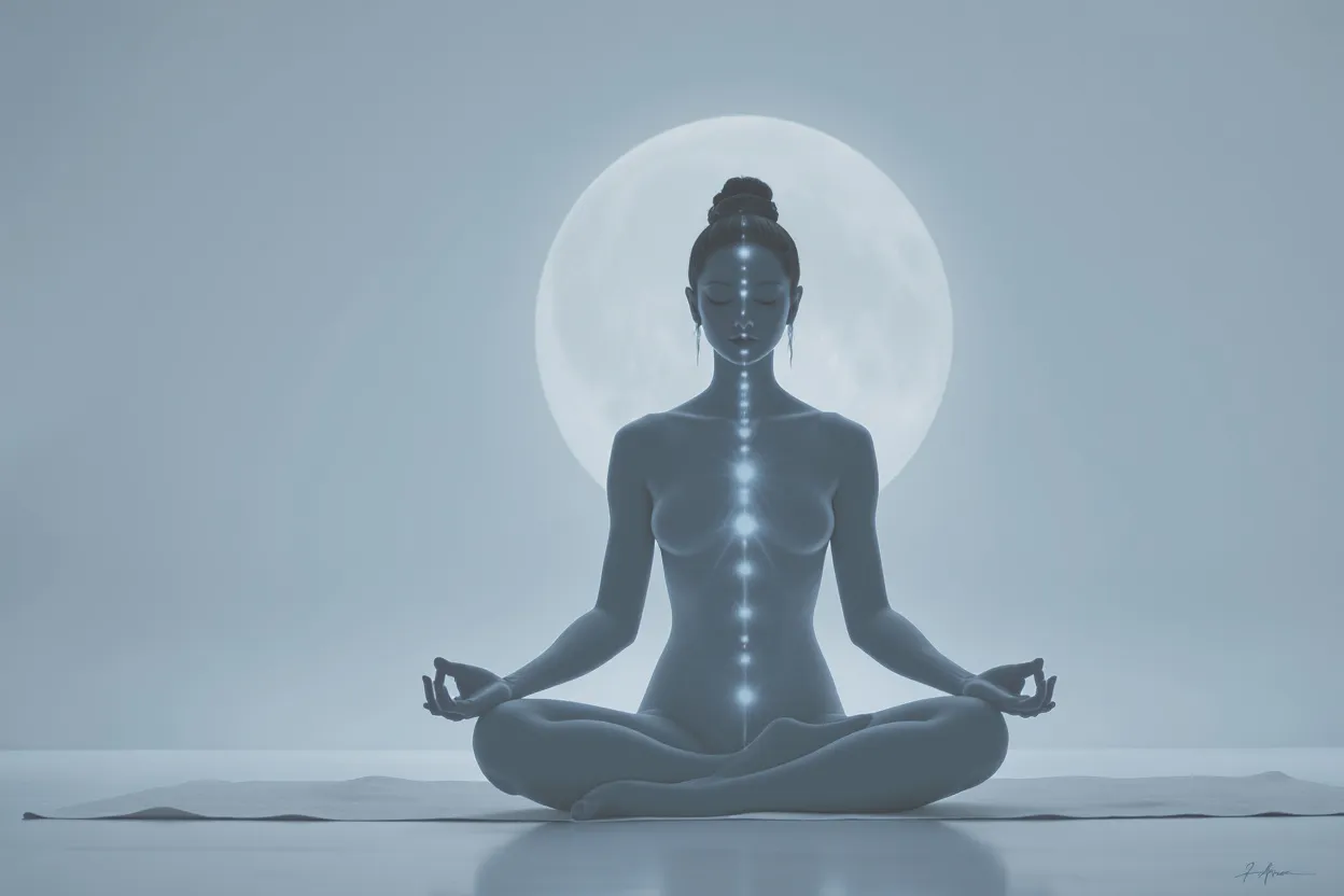 Silhouette féminine assise en lotus, lumière dorée douce, ambiance minimaliste et élégante, halo discret symbolisant la connexion intérieure,