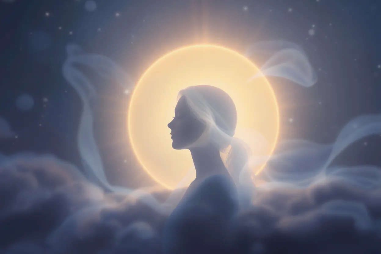 Silhouette apaisée entourée d’un halo lumineux évoquant l’énergie intérieure cultivée par la méditation spirituelle régulière