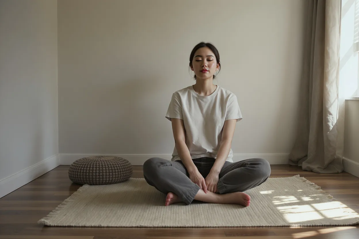 Femme en méditation spirituelle, posture assise stable et souffle calme dans un espace épuré