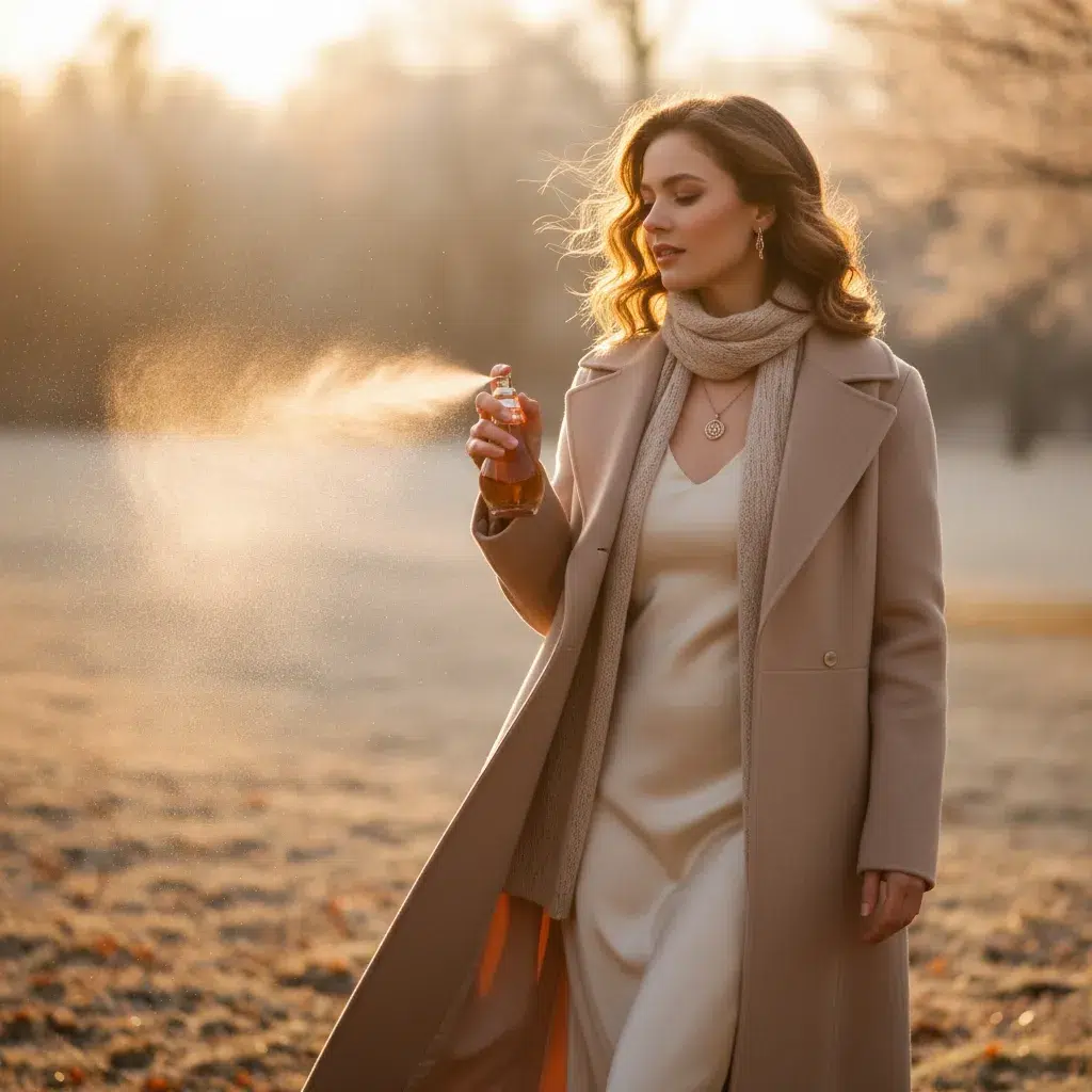 Femme élégante vaporisant un parfum chaud et boisé, vêtue d'un manteau de laine beige dans une lumière dorée d'hiver
