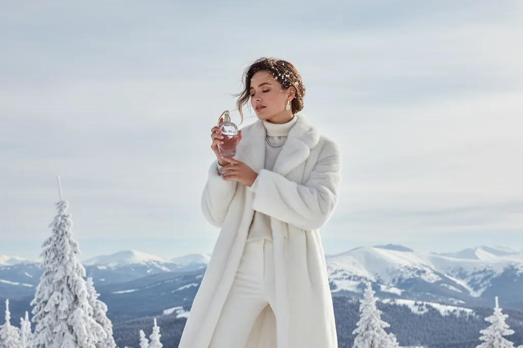 meilleur parfum femme hiver (2) Un belle femme tient un flacon de parfum en hiver à l'extérieur vêtue d'un bel ensemble blanc, environnement neige et montagnes en arrière plan
