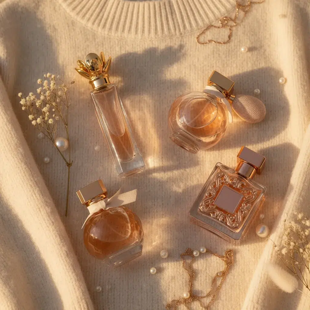 Sélection de parfums féminins d’hiver aux notes chaudes et boisées, posés sur un pull en laine crème à la lumière dorée