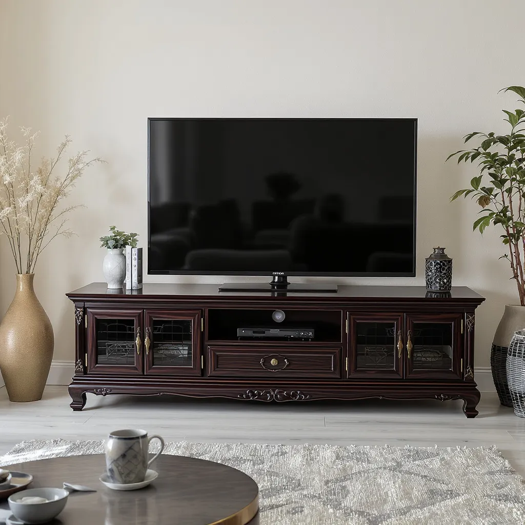 Meuble TV bas en bois foncé de style asiatique, design épuré avec rangements intégrés, posé dans un salon lumineux minimaliste.