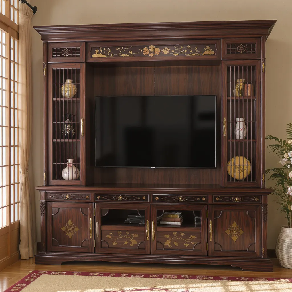 Grand meuble TV mural asiatique en bois sculpté, orné de motifs dorés traditionnels et d’étagères latérales, dans une pièce d’inspiration japonaise.