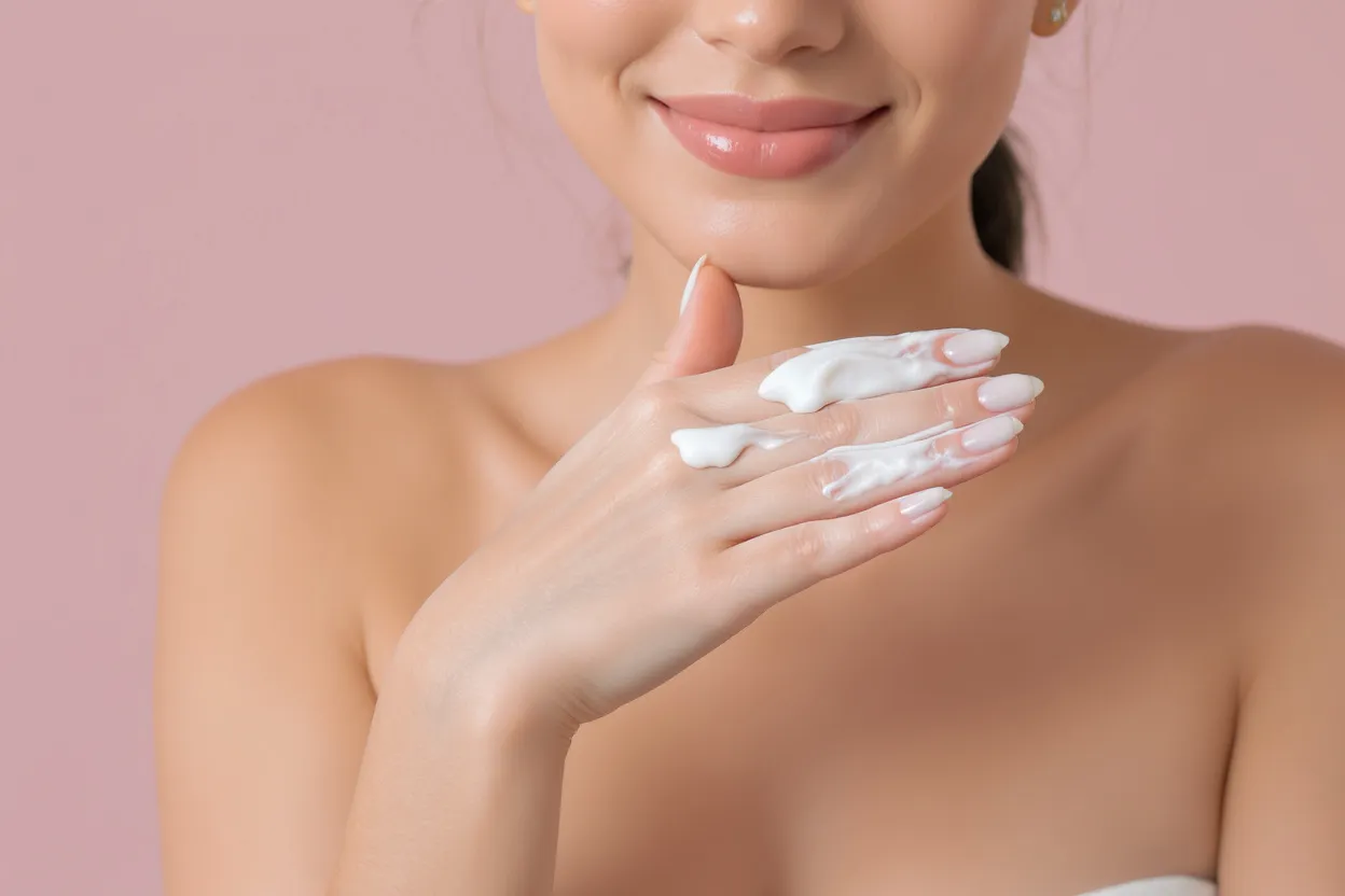 Femme appliquant une crème hydratante sur ses mains qui pèlent