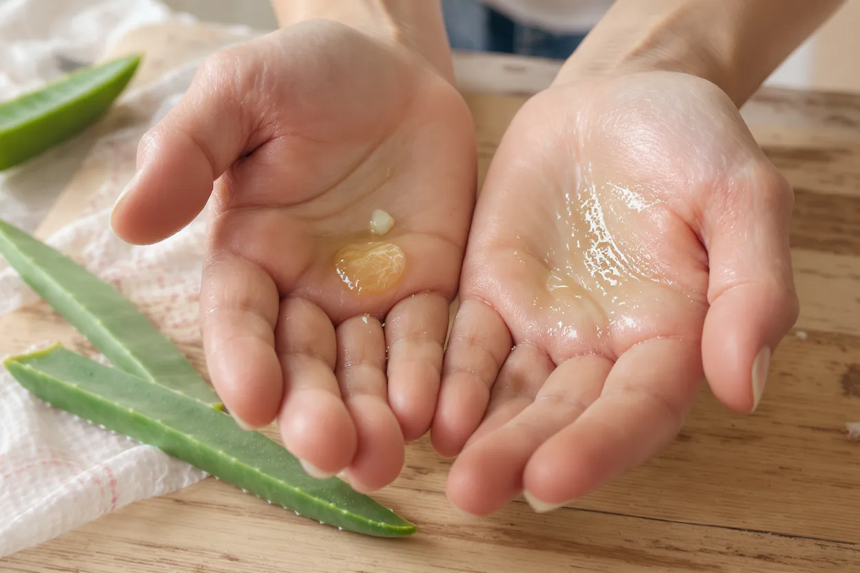 Gel d’aloe vera appliqué sur des mains abîmées qui pèlent