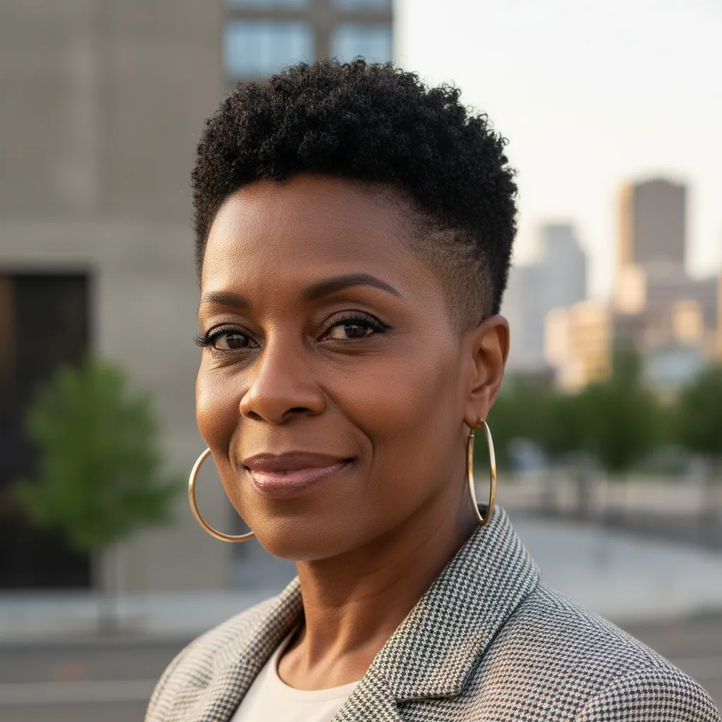 Pixie afro dégradé femme 60 ans, coiffure courte structurée et élégante pour cheveux crépus.