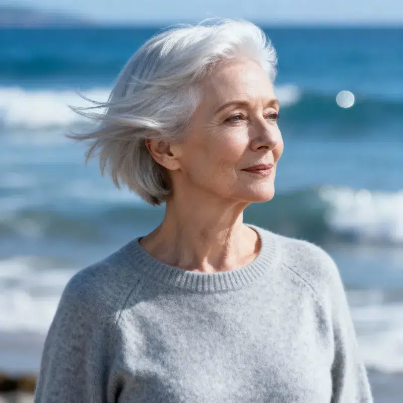 Pixie argent perlé femme 70 ans, coupe courte lumineuse au bord de mer.