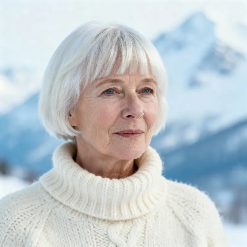 Pixie blanc neige femme 65 ans, coupe douce et lumineuse dans un décor hivernal.