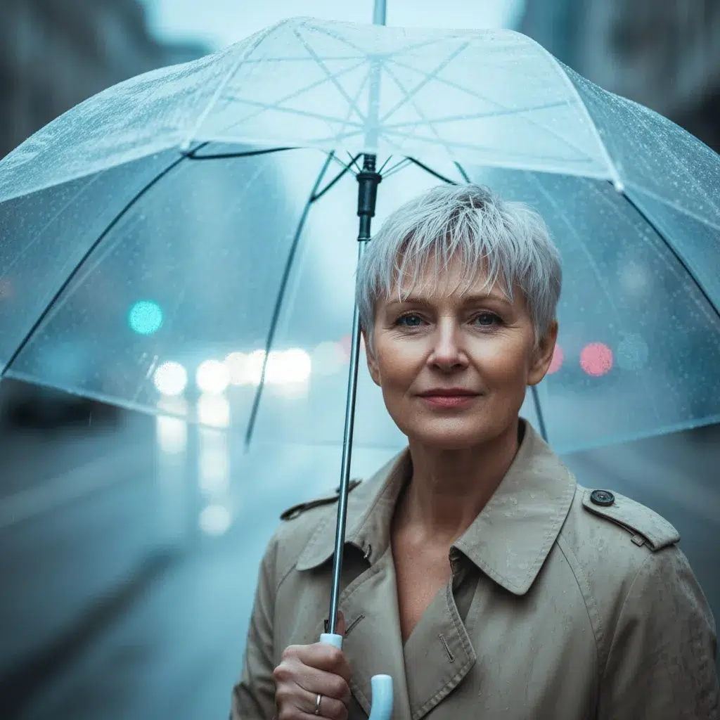 Pixie blond givré femme 60 ans, coupe courte moderne et lumineuse sous la pluie.