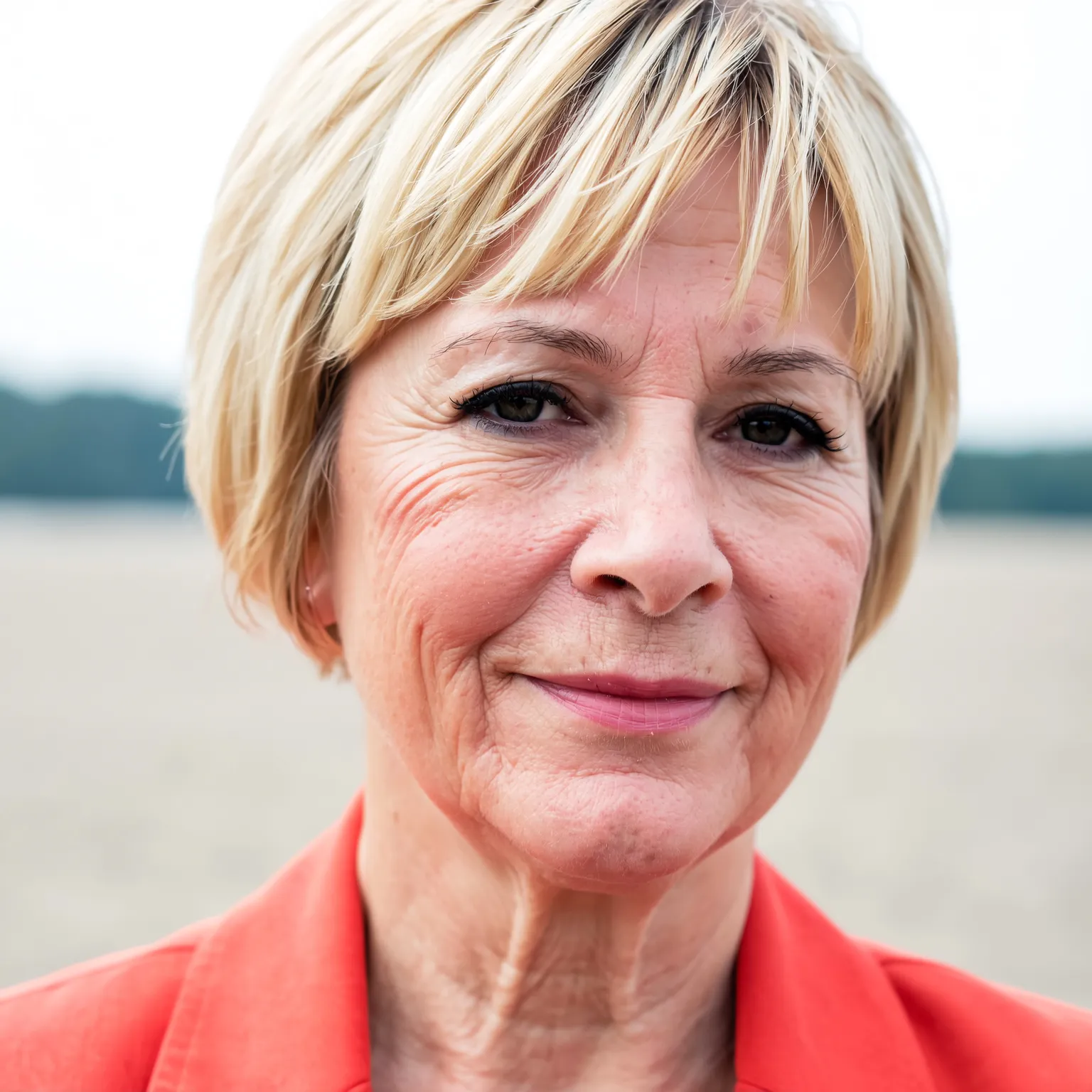 Pixie blond clair avec longue frange latérale femme 60 ans, coupe élégante et lumineuse qui adoucit les traits.