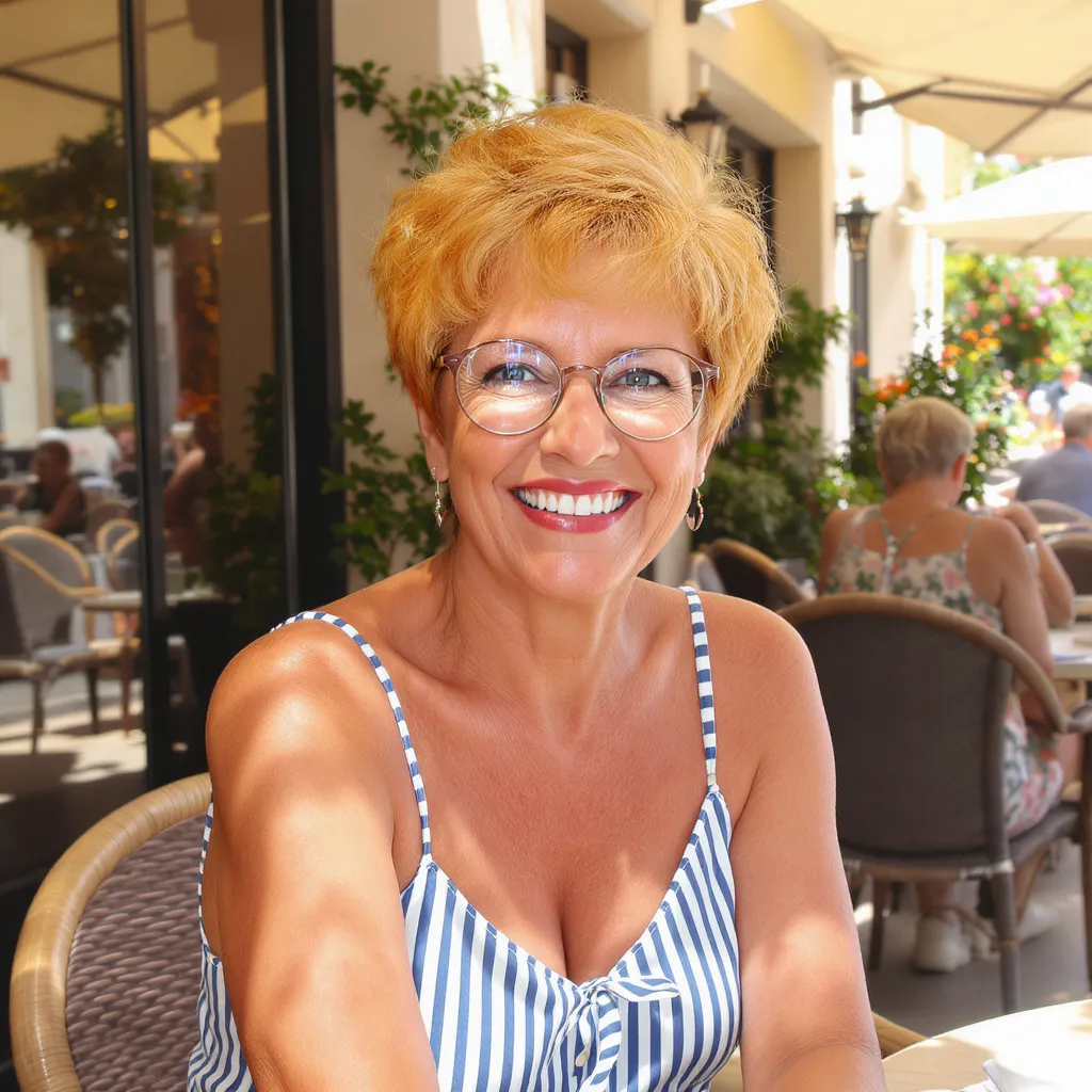 Pixie bouclé caramel doré femme 59 ans, coupe ensoleillée au charme parisien naturel.