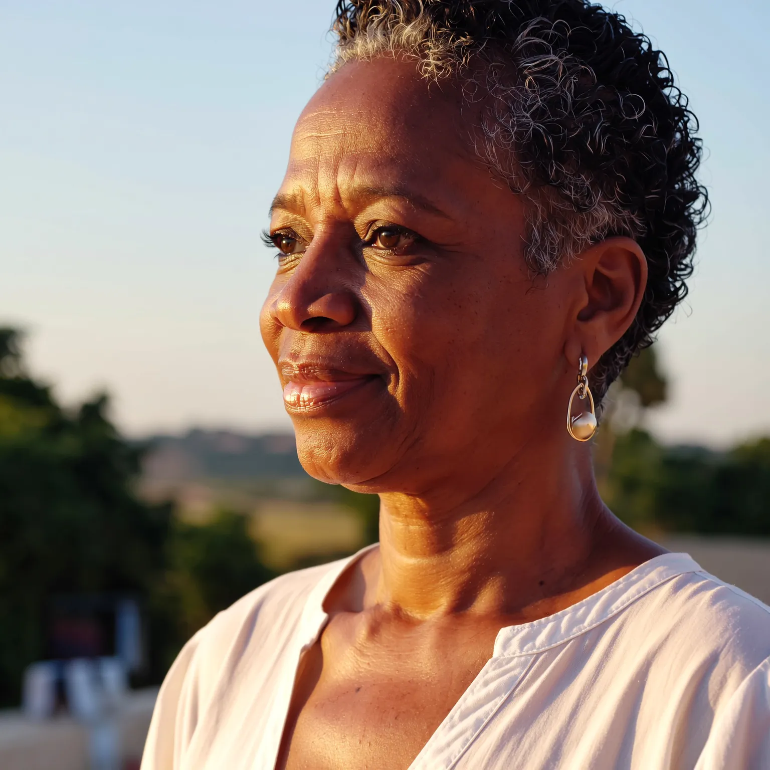 Pixie bouclé sel et poivre femme noire 63 ans, coupe lumineuse et pleine de vitalité.