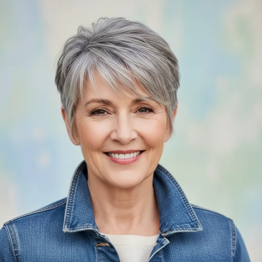 Pixie en couches avec frange texturée femme 60 ans, cheveux gris courts pour un style dynamique et moderne.