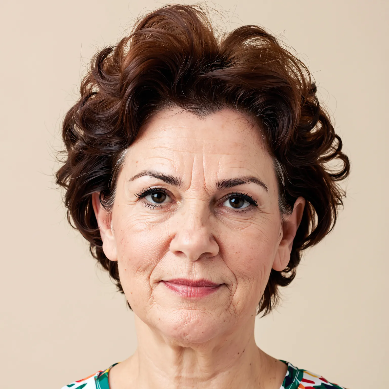 Pixie curly souple femme 61 ans cheveux châtain clair, coupe courte bouclée naturelle et lumineuse.