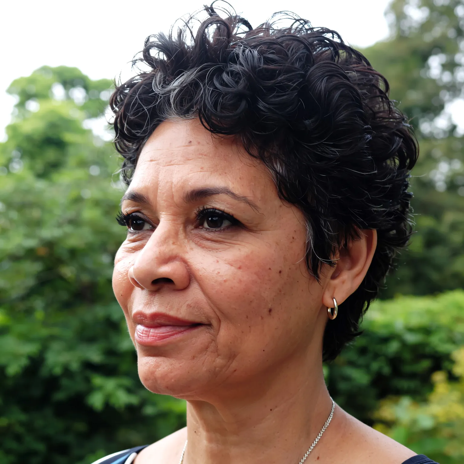 Pixie bouclé déstructuré femme métisse 63 ans, cheveux noirs et argentés, look moderne et lumineux.