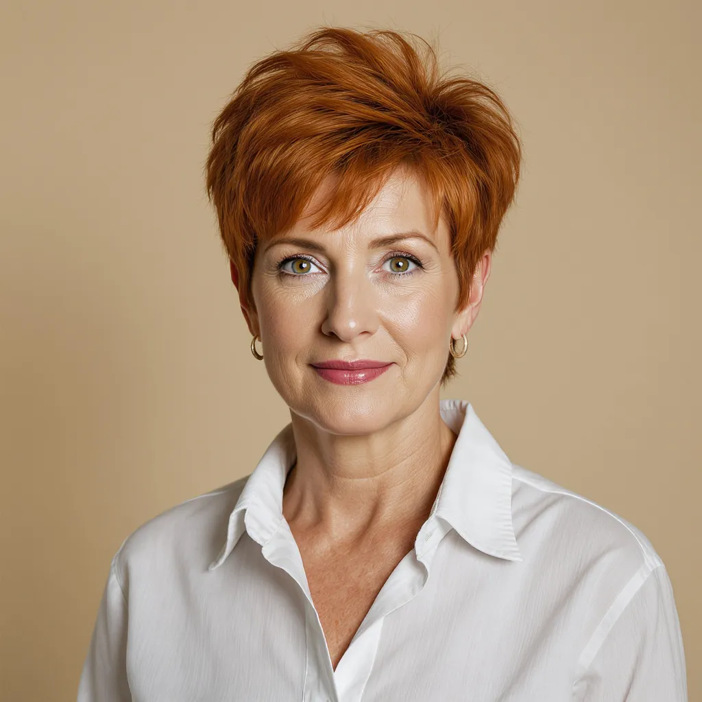 Pixie roux flamboyant femme 59 ans, coupe déstructurée pleine d’énergie et de lumière.