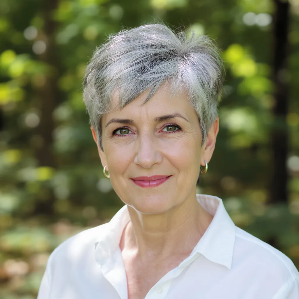 Pixie ébouriffé sel et poivre femme 65 ans, coupe courte naturelle et vivante.