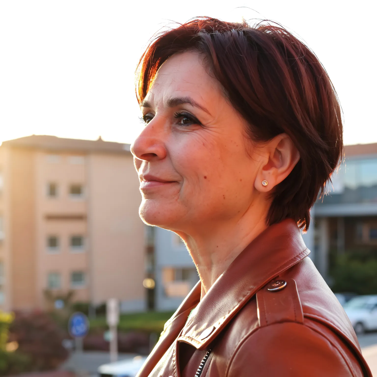 Pixie effilé auburn chaud femme 55 ans, coupe courte lumineuse aux reflets dorés.