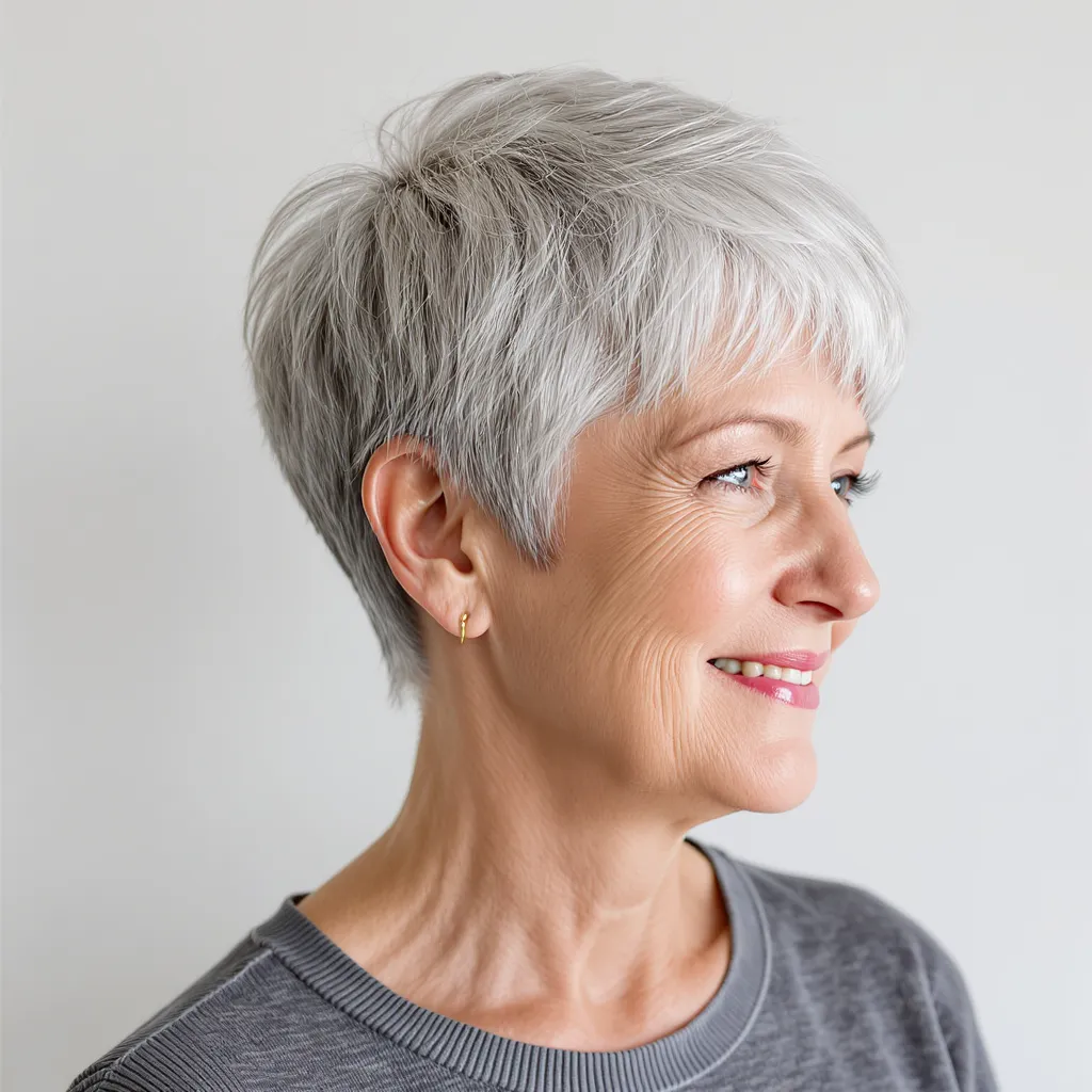 Pixie effilé pour femme de 62 ans, coupe courte cheveux gris clairs fins, look aérien et structuré.