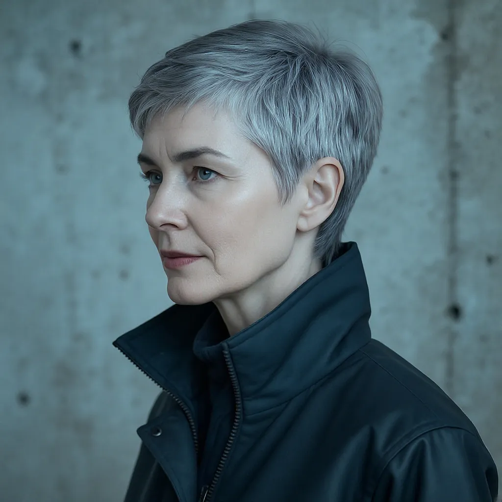 Pixie effilé gris acier femme 62 ans, coupe contemporaine au style architectural.