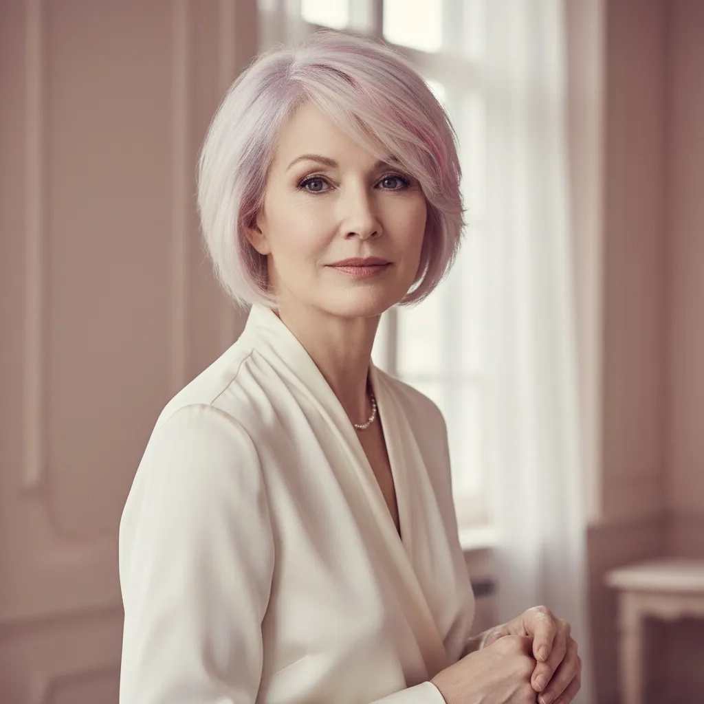 Pixie effilé platine rosé femme 59 ans, coupe courte délicate et tendance aux reflets pastel.