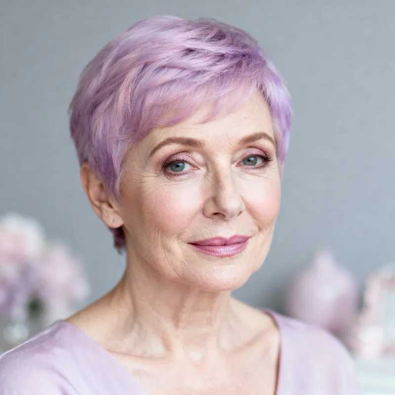 Pixie lilas poudré femme 58 ans, coupe courte moderne et lumineuse au style doux.