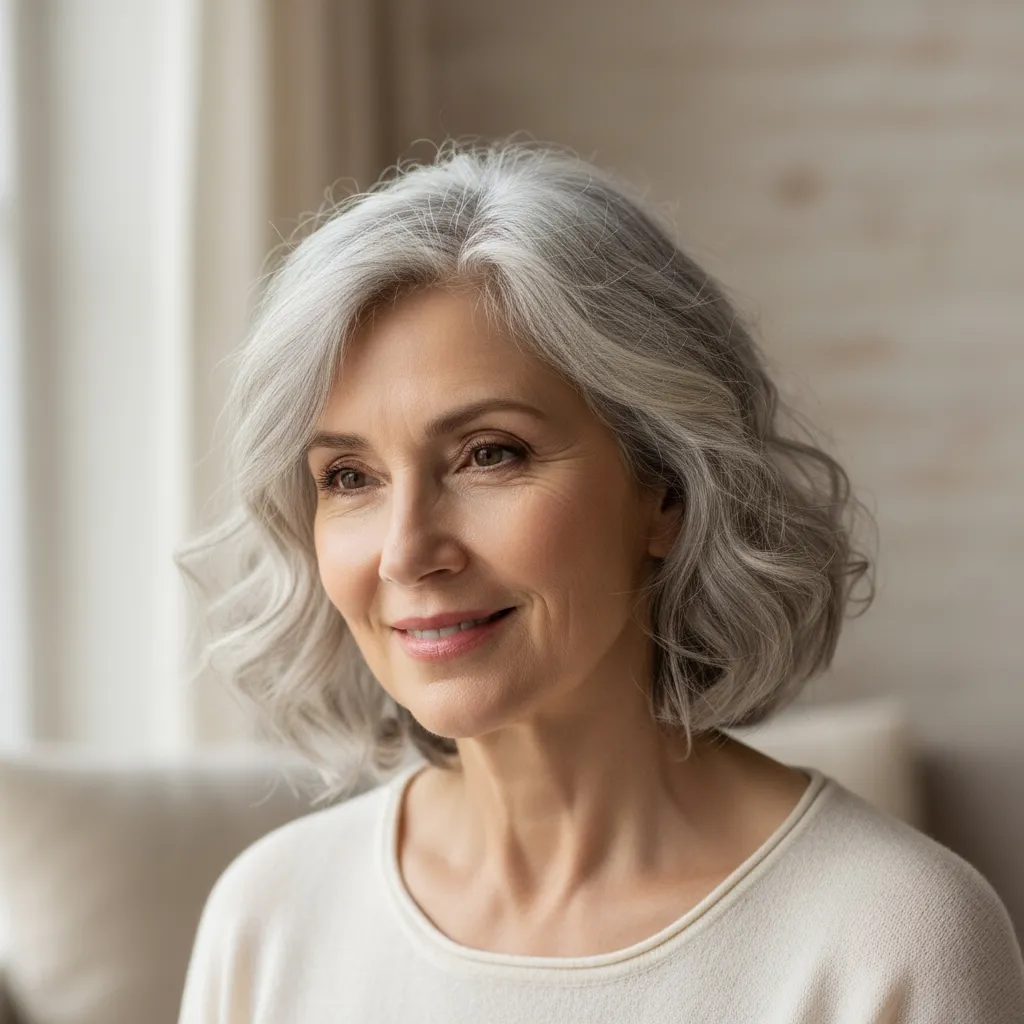 Pixie long bouclé femme 65 ans cheveux sel et poivre, coupe courte texturée naturelle et lumineuse.