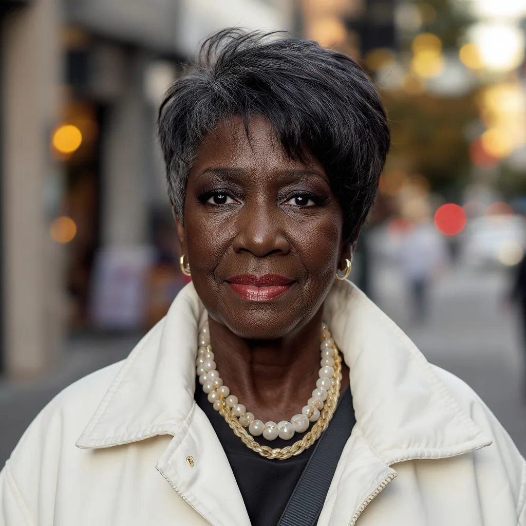 Pixie noir brillant femme noire 58 ans, coupe urbaine audacieuse et lumineuse.