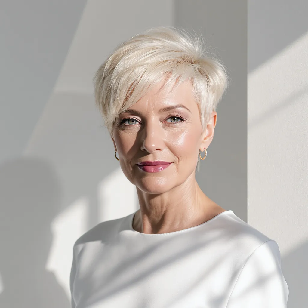 Pixie blond perlé femme 61 ans, coupe asymétrique chic dans un décor minimaliste moderne.