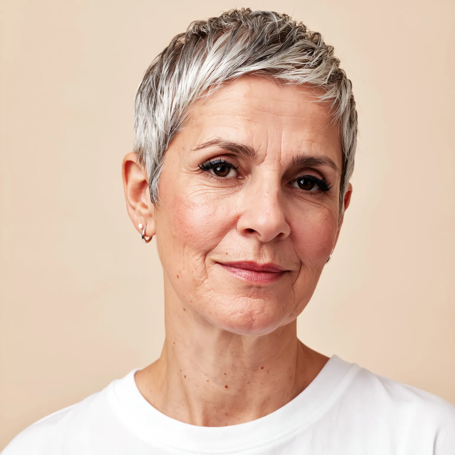 Pixie platine effet glossy femme 58 ans, coupe argentée éclatante au style haute mode.