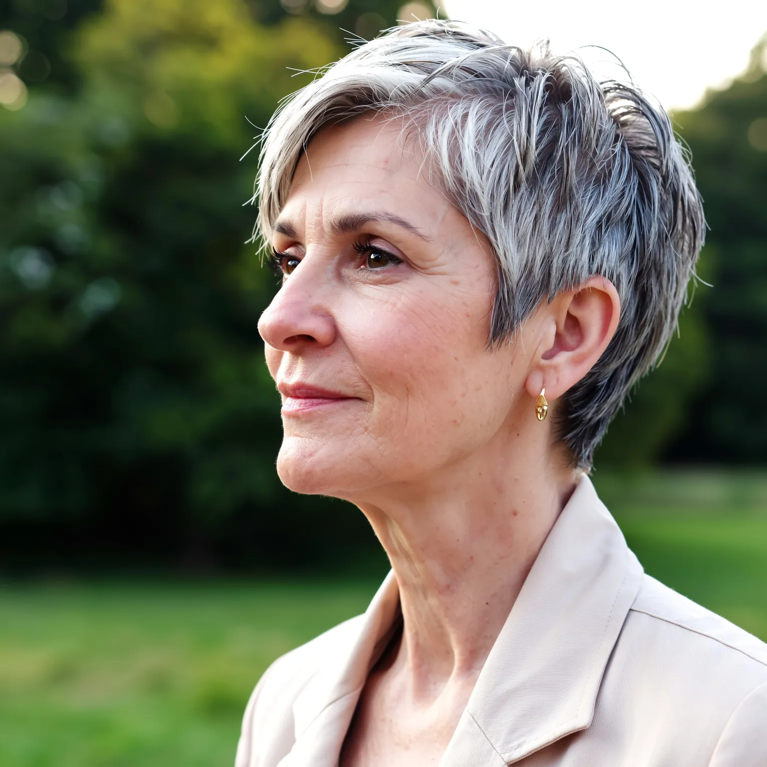 Pixie décoiffé mèches dorées femme 59 ans, coupe courte libre et pleine d’énergie naturelle.