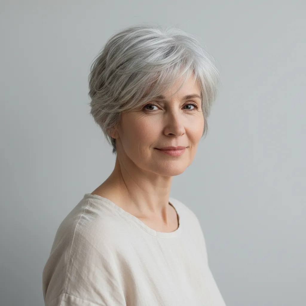 Pixie argent mat femme 60 ans, coupe texturée au style moderne et naturel.