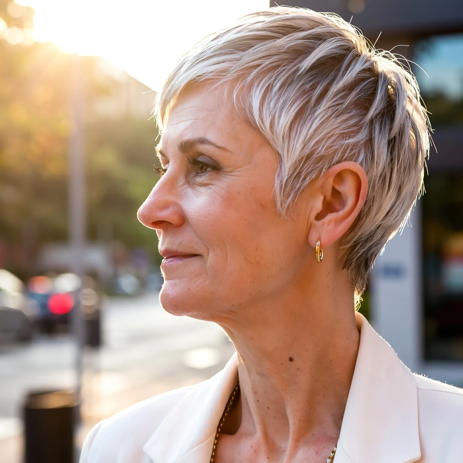 Pixie texturé dynamqiue moderne pour femme de 60 ans, coupe lumineuse et dynamique idéale pour rajeunir le visage.