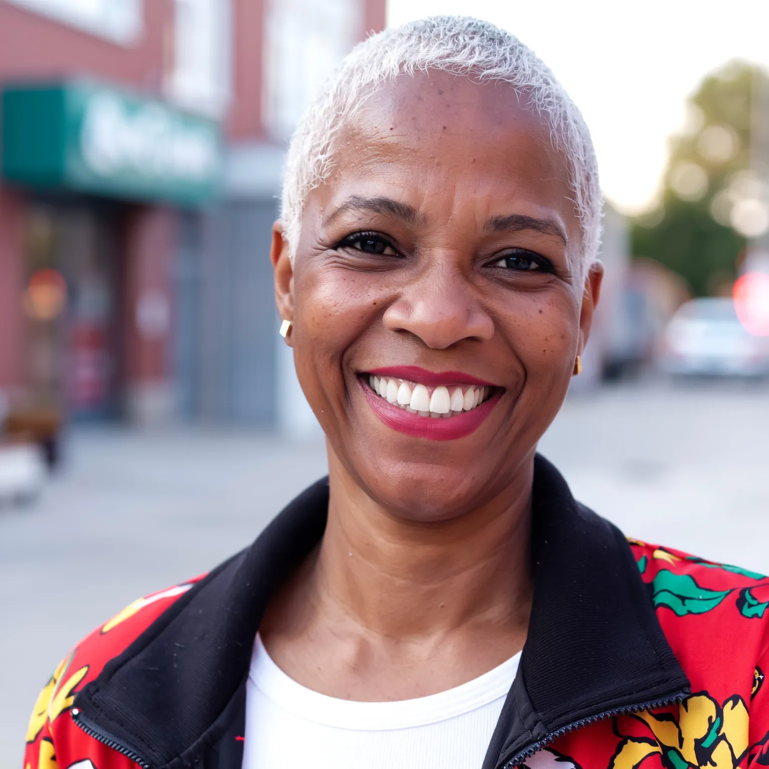 Pixie texturé sel et poivre femme noire 60 ans, coupe courte dynamique et moderne au style affirmé.