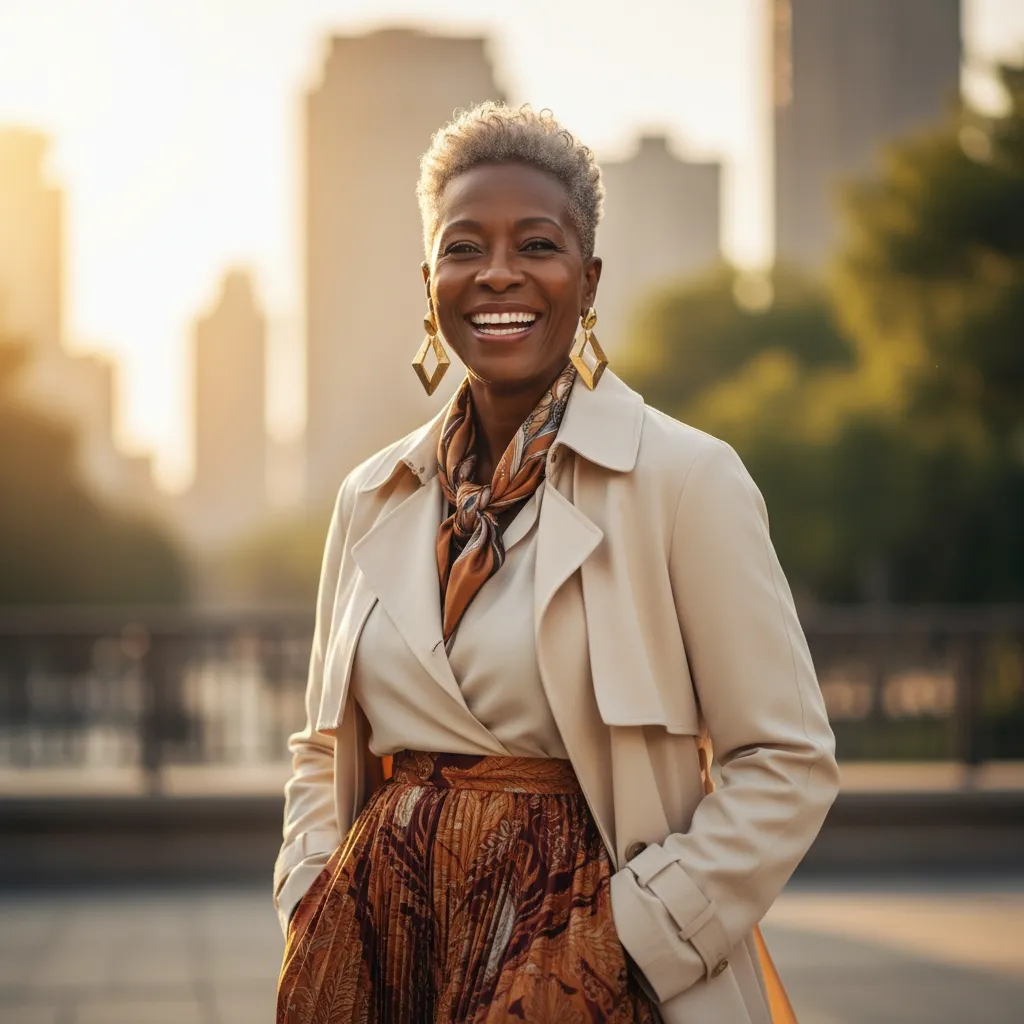 Pixie court undercut incliné femme noire 60 ans, coupe cheveux sel et poivre moderne et pleine d’énergie.