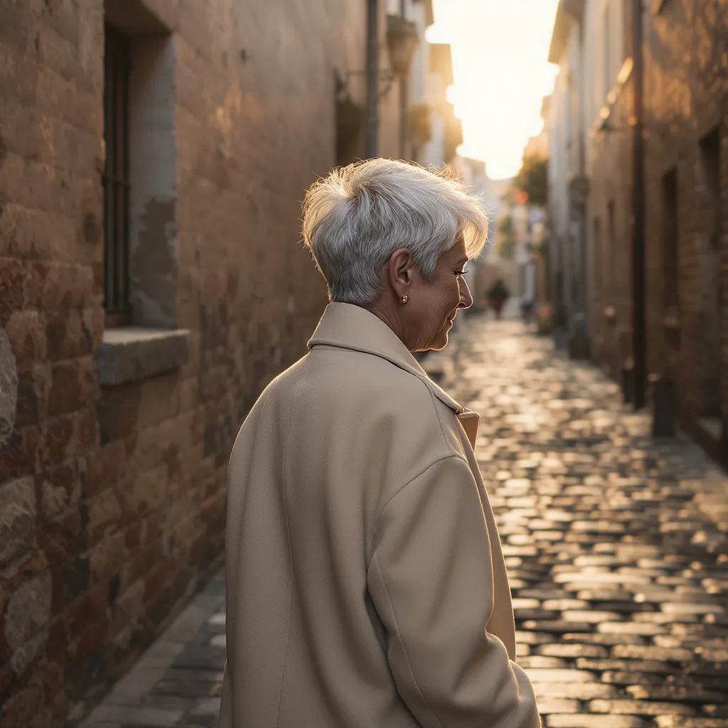 Pixie argenté structuré femme 63 ans, coupe moderne sublimée par la lumière urbaine du matin.
