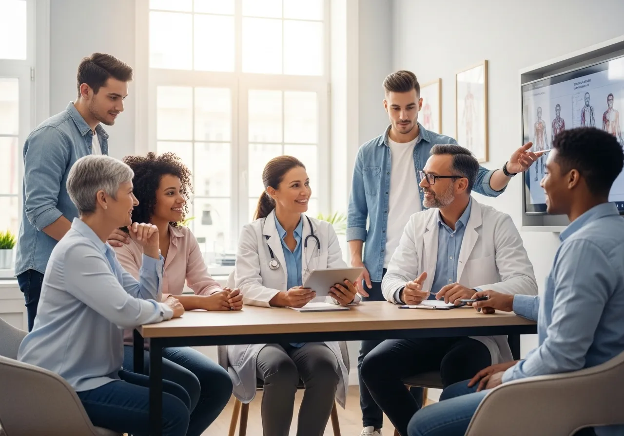 Réunion personnel médical et clients à propos de la mutuelle et des protections santé complémentaires les plus bénéfiques